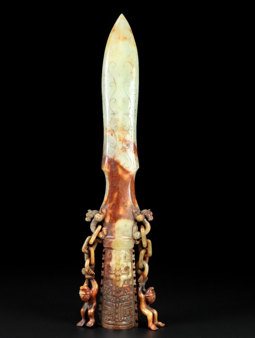 A fine Hetian jade sword: Exquisite Hetian jade sword Size:L:31.5cmW:6.7cm T:3cmW:0.5005kg (The Dimensions Of All Batches Are Manually Measured.If You Need More Detailed Information, Please Contact Our Customer Service Before