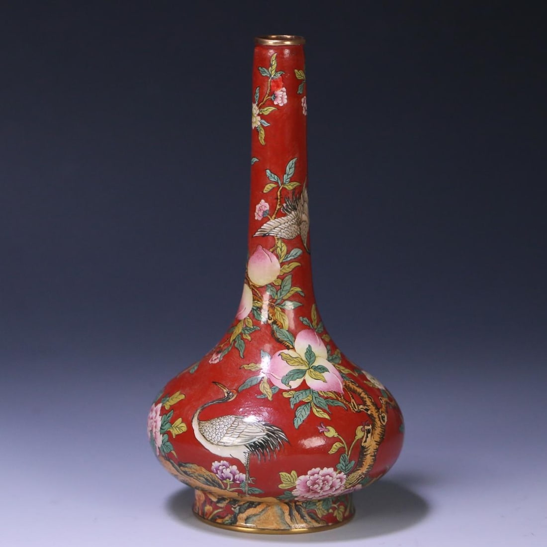 A copper tire painting enamel peony crane longevity peach pattern long neck vase made in the: Qing Dynasty Qianlong Year Copper Tire Painting Enamel Peony Crane Longevity Peach Pattern Long Neck Vase Size:15.2×8.2cmW:0.1773kg (The Dimensions Of All Batches Are Manually