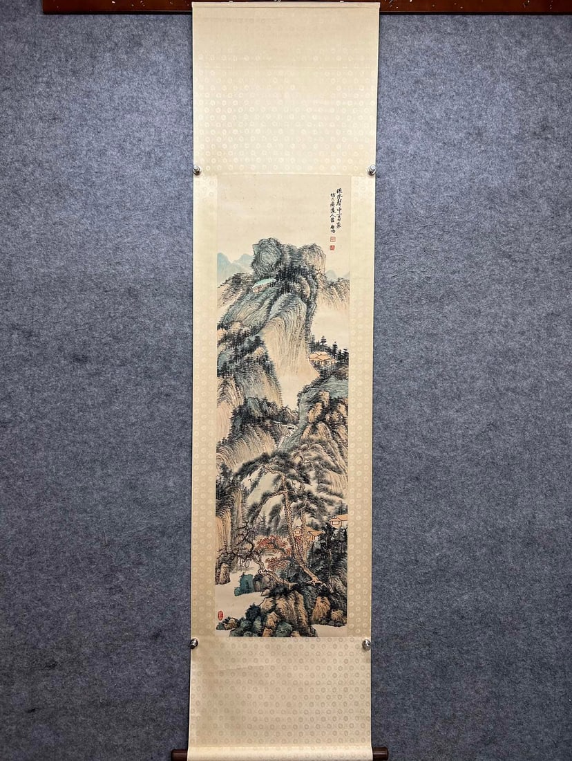 A landscape calligraphy and painting of Qi Gong: Qi Gong's landscape calligraphy and painting Size:Painting core139×40cm (The Dimensions Of All Batches Are Manually Measured.If You Need More Detailed Information, Please Contact Our Customer Service