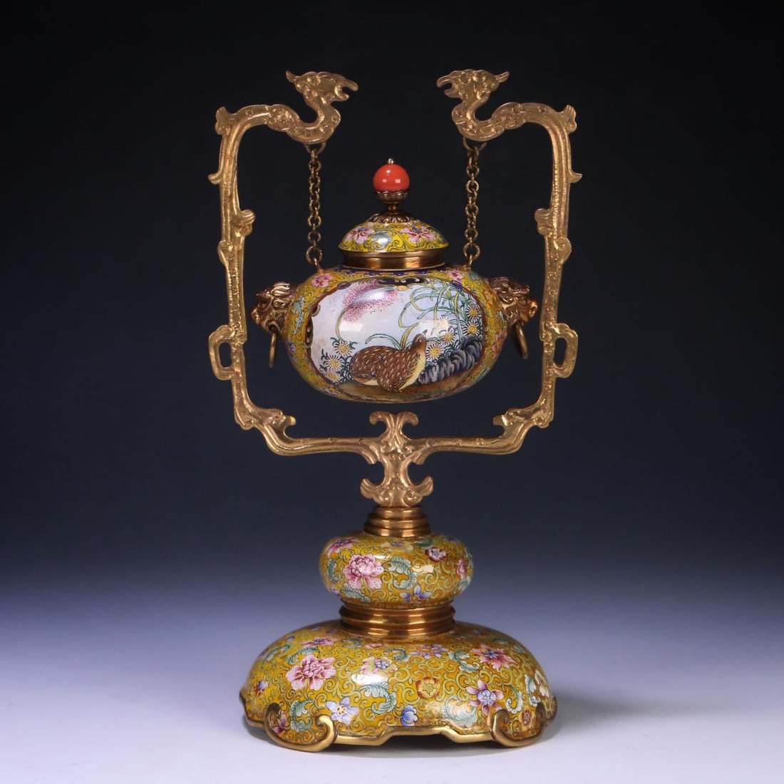 A beautiful copper tire painting enamel entwined window flower and bird pattern double dragon (1 of 9)