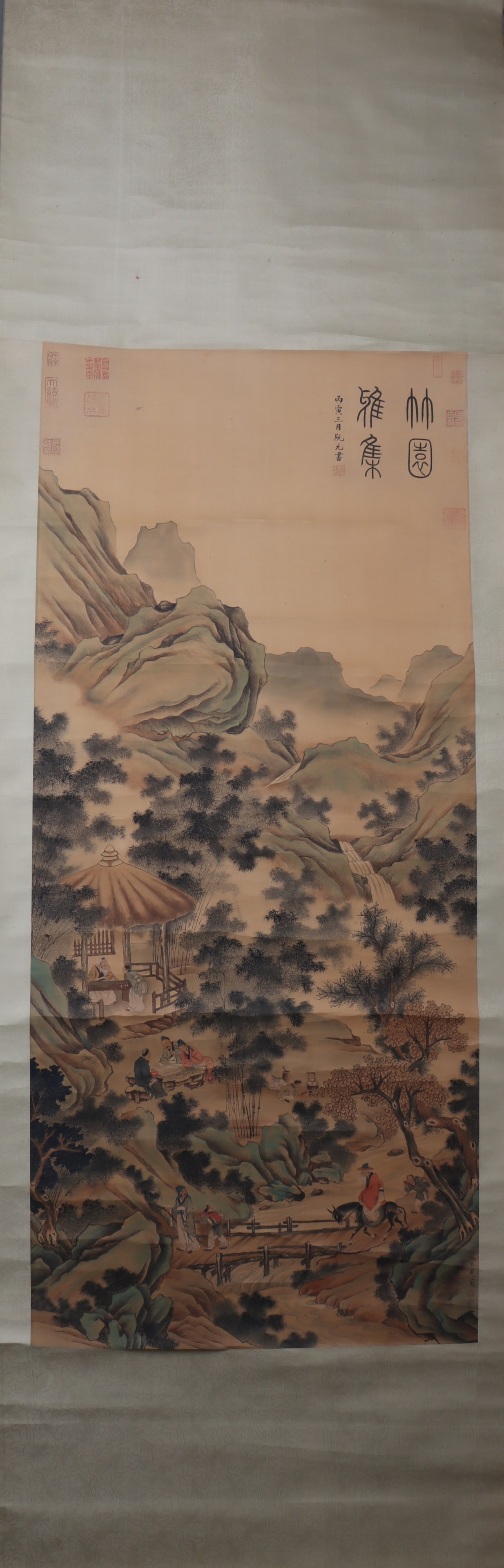 A Chinese Vertical Scroll Ink Painting of Landscape and Figure on Silk: A Chinese Vertical Scroll Ink Painting of Landscape and Figure on Silk Qiu ying Size:143cmx62cm (The Dimensions Of All Batches Are Manually Measured.If You Need More Detailed Information, Please