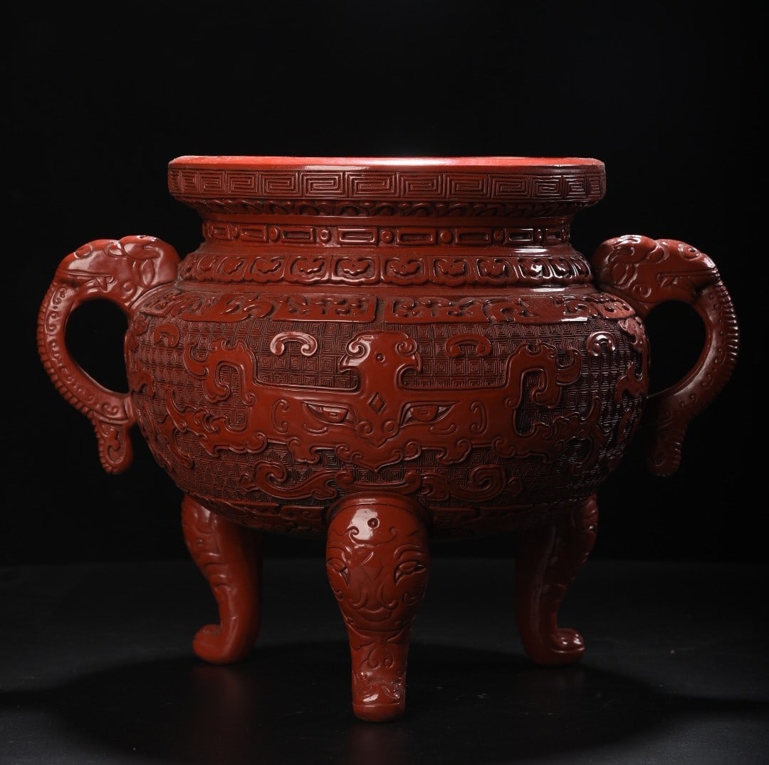 An Exquisite Carved Red Lacquer Beast-Face Pattern Double-Ears and Tripod Censer (1 of 9)