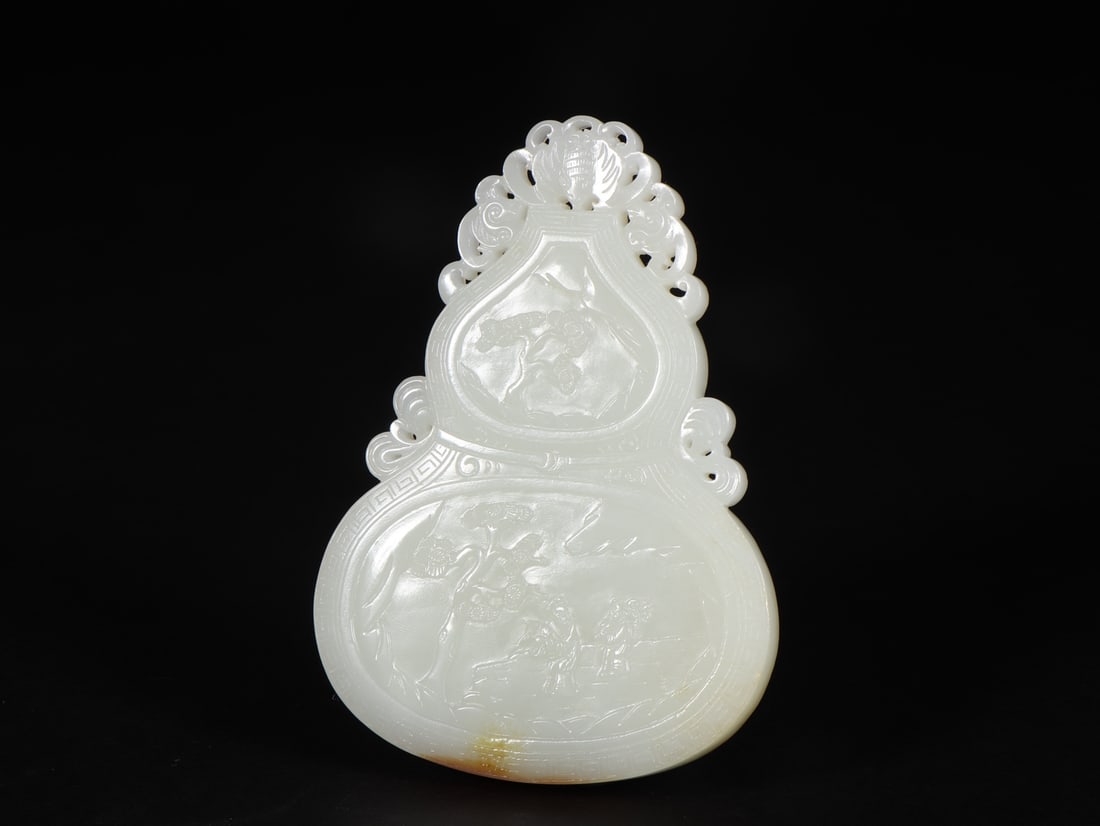 An Exquisite White Jade Character and Story Pattern Gourd-Shaped Brand (1 of 9)