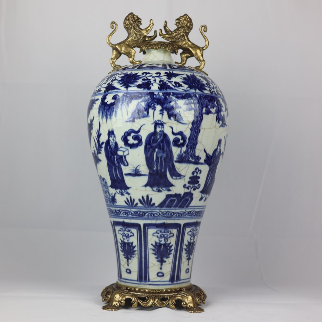 An Exquisite Blue and White Inlaid Bronze Character and Story Pattern Lotus Pattern Double-Ears Vase: An Exquisite Blue and White Inlaid Bronze Character and Story Pattern Lotus Pattern Double-Ears Vase Yuan Dynasty, China Size:54cmx23cm (The Dimensions Of All Batches Are Manually Measured.If You