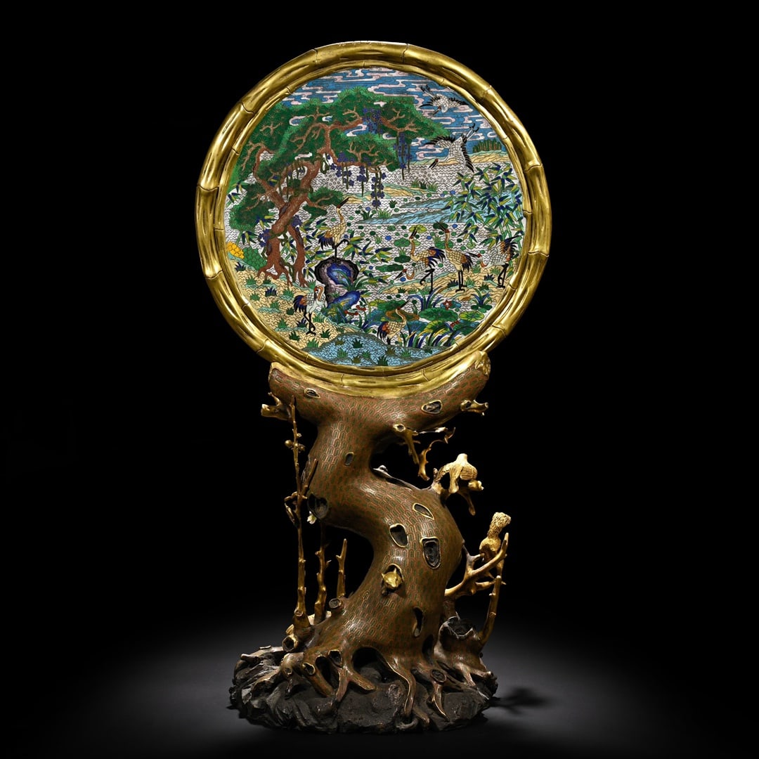 An Exquisite Cloisonne Landscape and Figure Pattern Pine and Crane Pattern Screen - 6