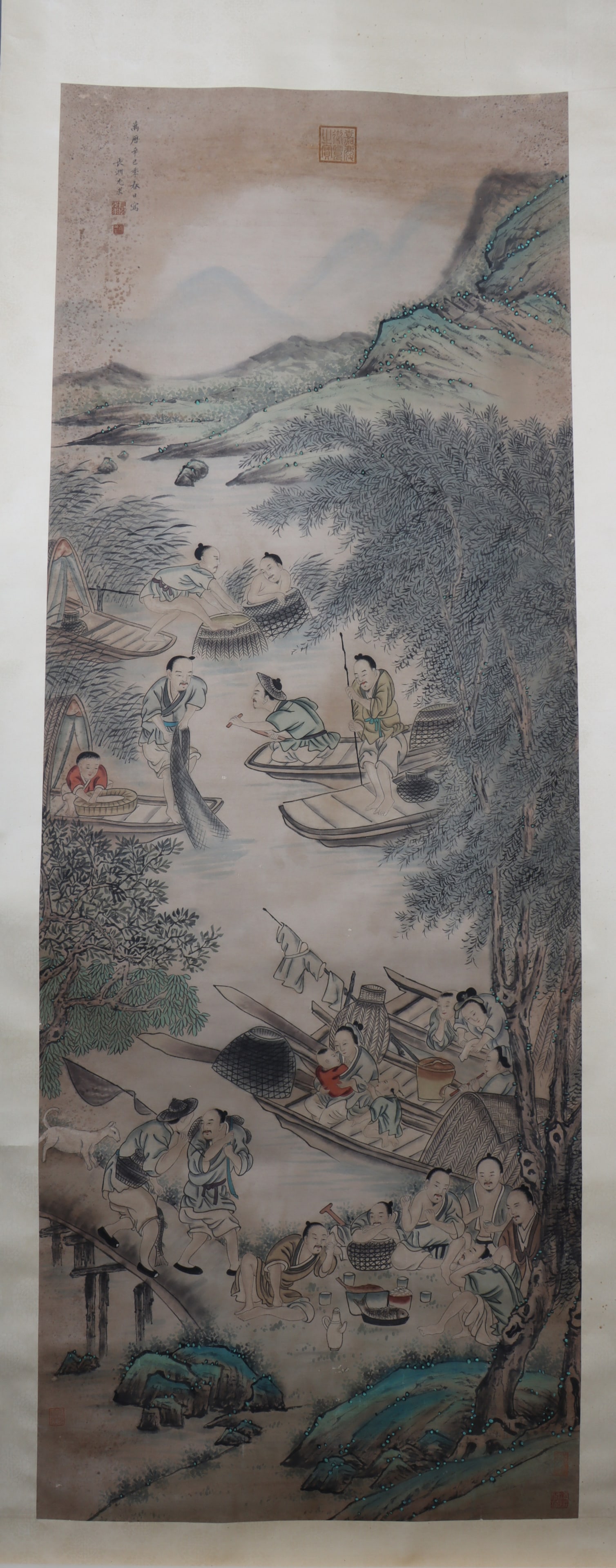 A Chinese Vertical Scroll Ink Painting of Landscape and Figure on Paper: A Chinese Vertical Scroll Ink Painting of Landscape and Figure on Paper You qiu Size:177cmx64cm (The Dimensions Of All Batches Are Manually Measured.If You Need More Detailed Information, Please