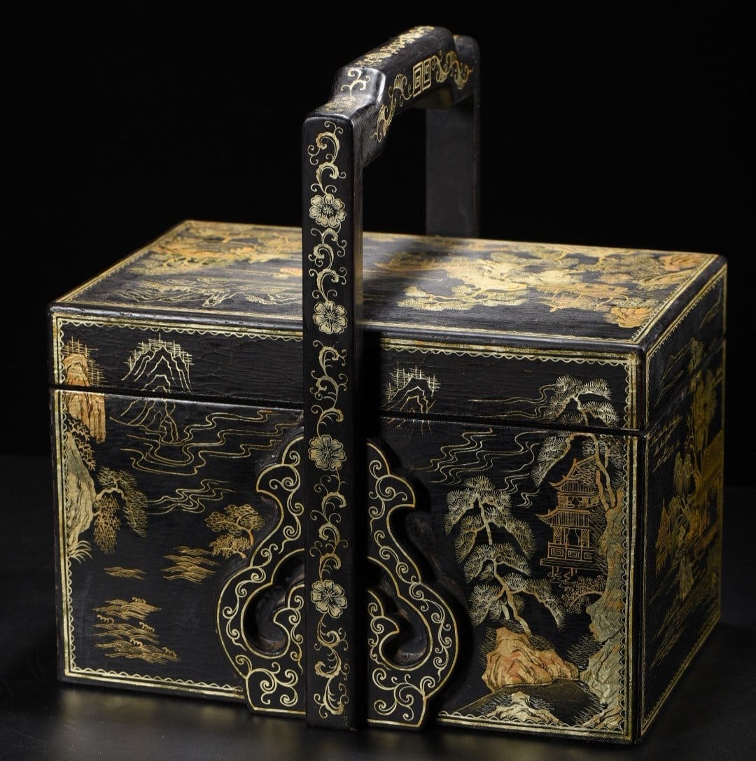 An Exquisite Black Lacquer Painted Gold Landscape Pattern Box - 6