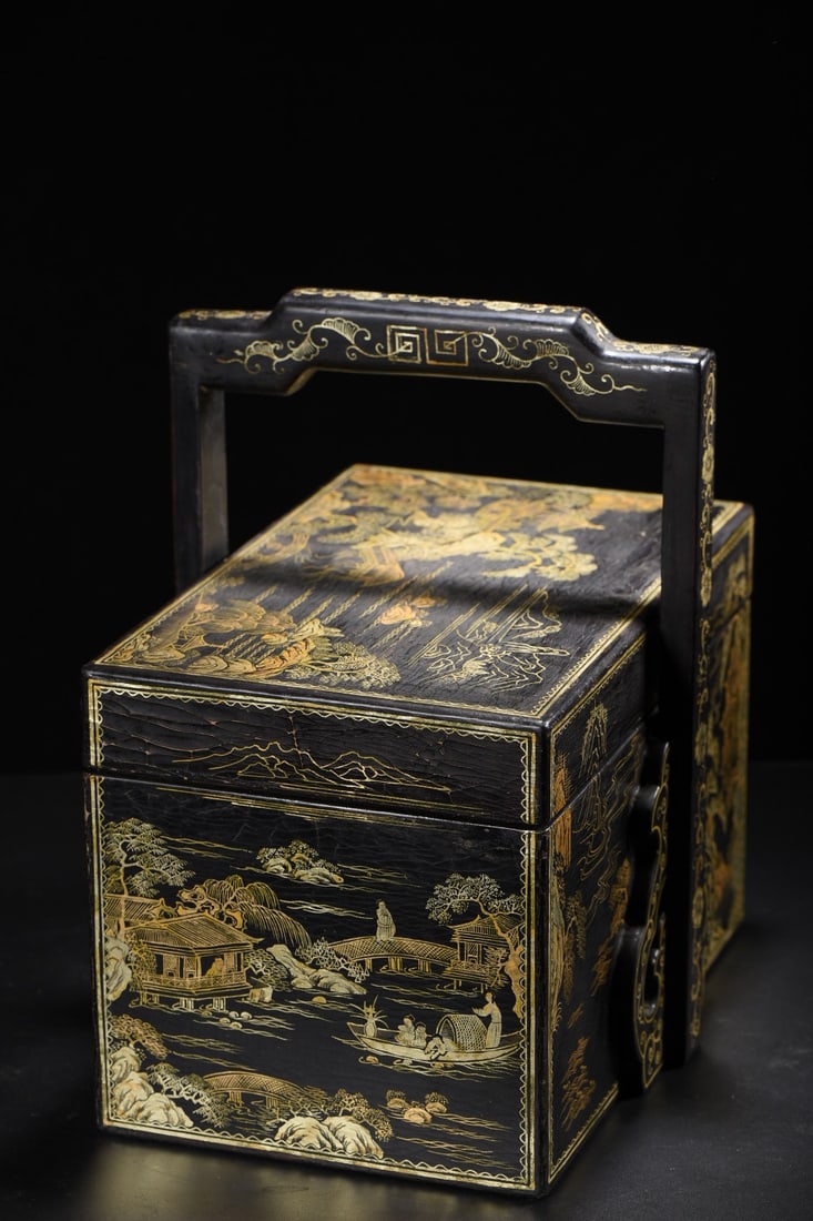 An Exquisite Black Lacquer Painted Gold Landscape Pattern Box - 7