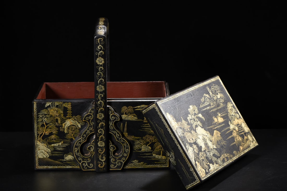 An Exquisite Black Lacquer Painted Gold Landscape Pattern Box - 8