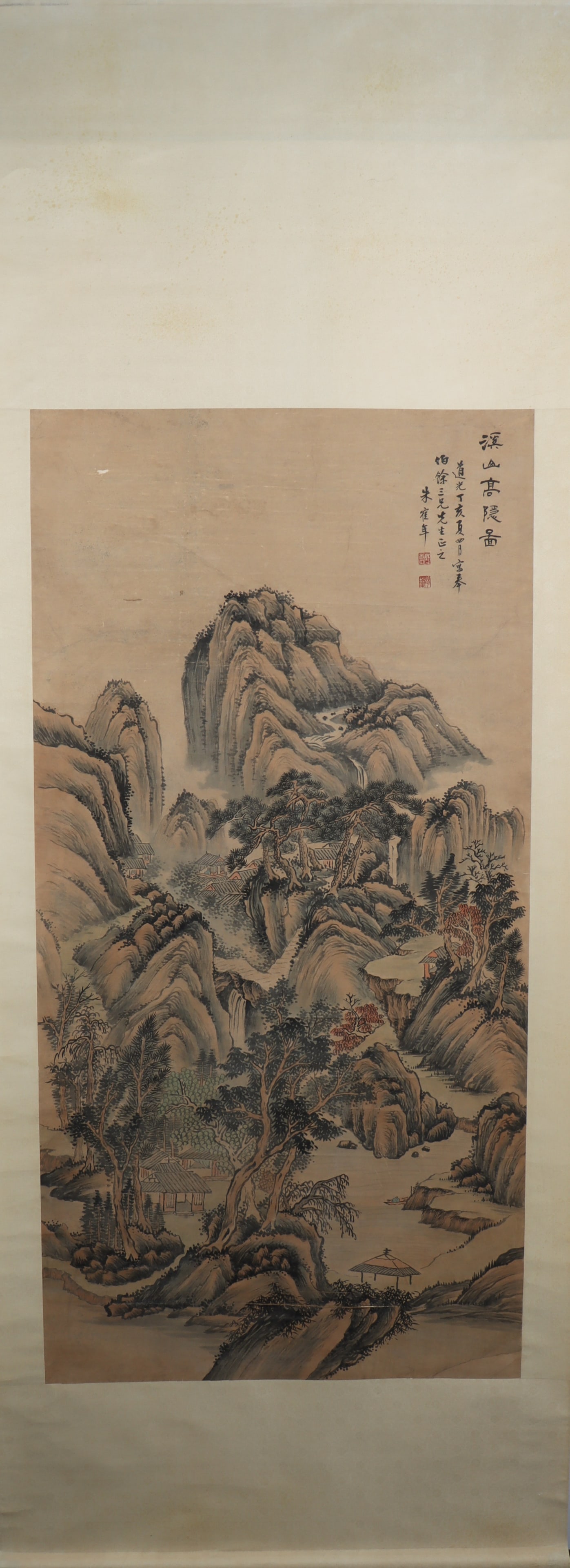 A Chinese Vertical Scroll Ink Painting of Landscape on Paper (1 of 4)