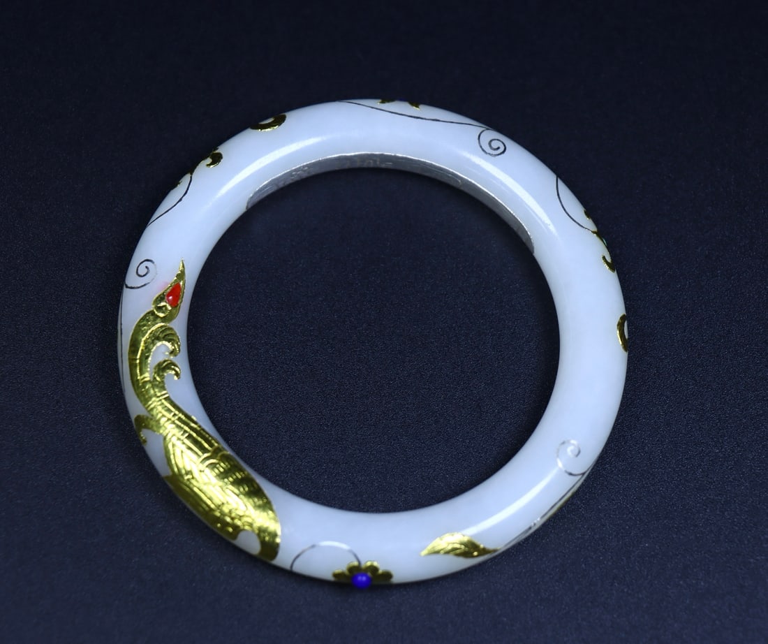 An Exquisite White Jade Painted Gold Phoenix Pattern Bracelets - 2