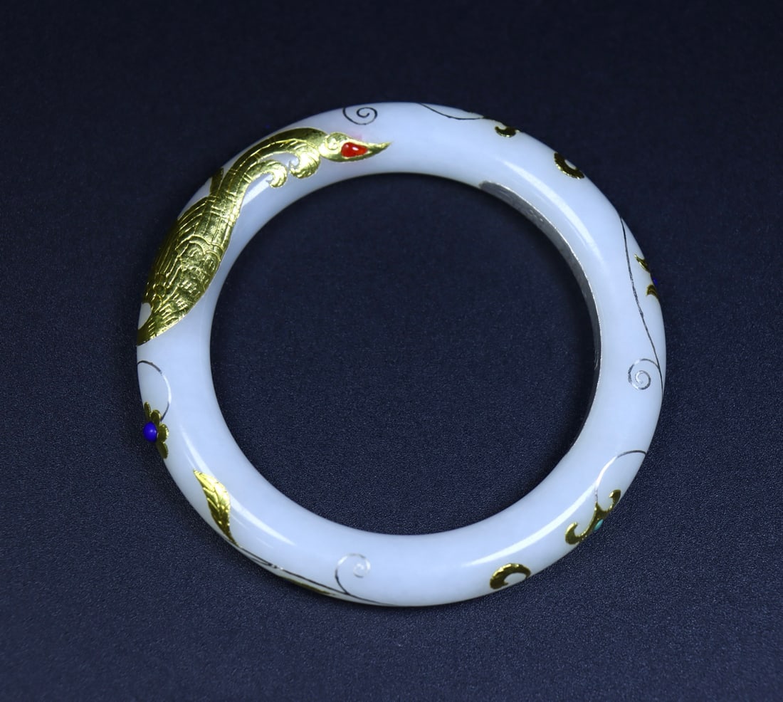An Exquisite White Jade Painted Gold Phoenix Pattern Bracelets - 3