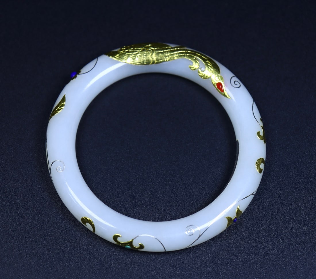 An Exquisite White Jade Painted Gold Phoenix Pattern Bracelets - 4