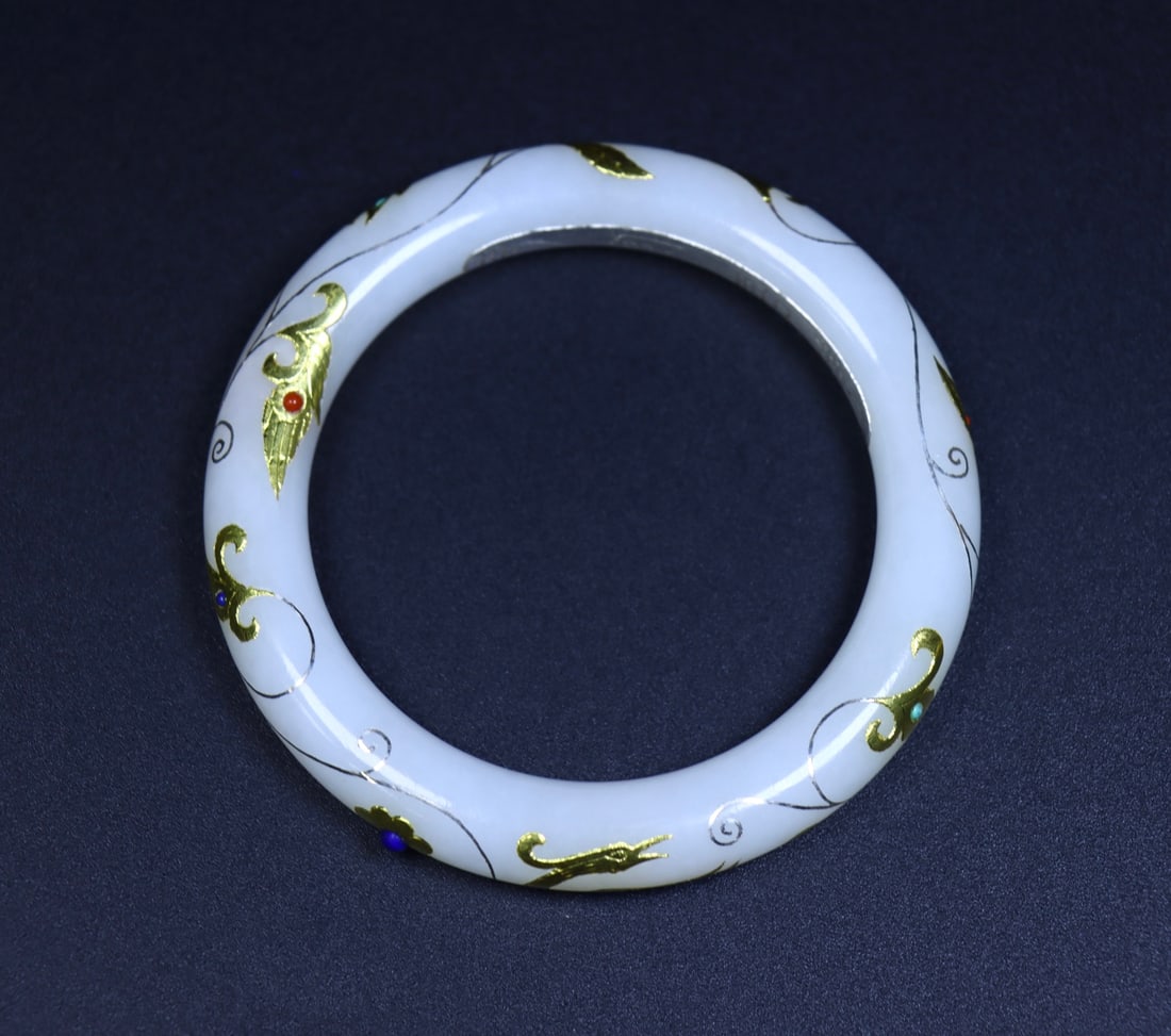 An Exquisite White Jade Painted Gold Phoenix Pattern Bracelets - 5