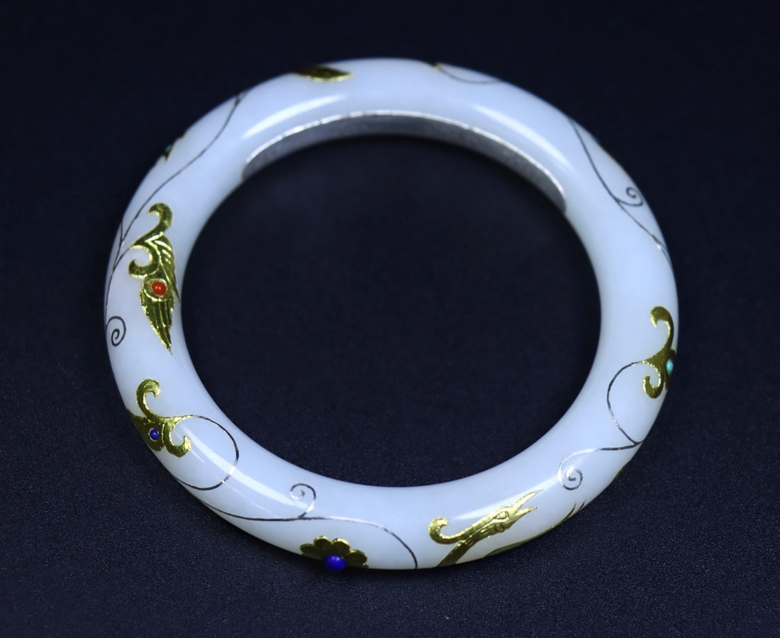 An Exquisite White Jade Painted Gold Phoenix Pattern Bracelets - 7