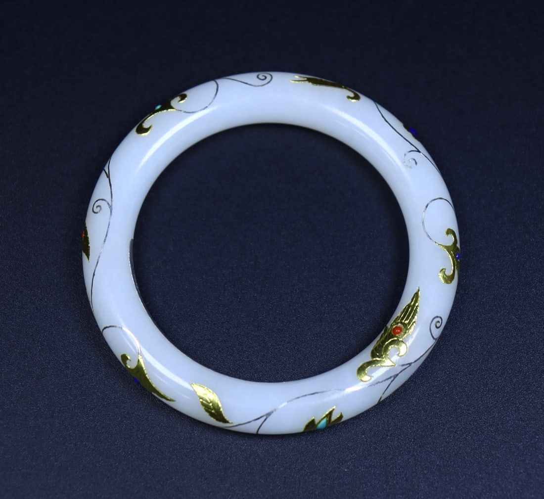 An Exquisite White Jade Painted Gold Phoenix Pattern Bracelets - 8