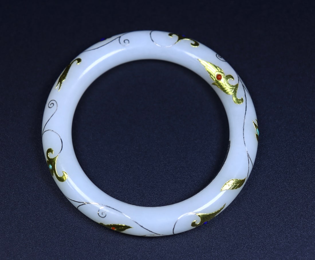 An Exquisite White Jade Painted Gold Phoenix Pattern Bracelets - 9