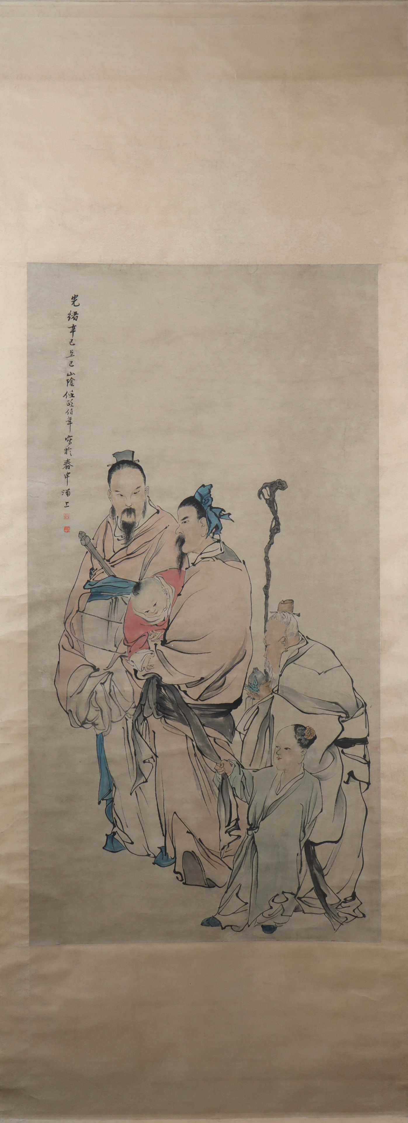 A Chinese Vertical Scroll Ink Painting of Figure on Paper: A Chinese Vertical Scroll Ink Painting of Figure on Paper Ren bonian Size:132cmx69cm (The Dimensions Of All Batches Are Manually Measured.If You Need More Detailed Information, Please Contact Our