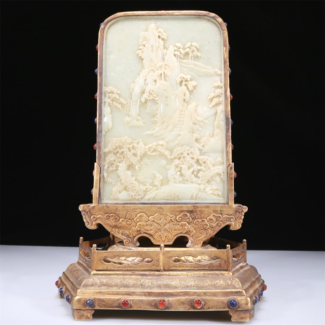 A Fabulous Gilt-Bronze White Jade-Inlaid 'Landscape' Table Screen With Poem Inscriptions (1 of 15)