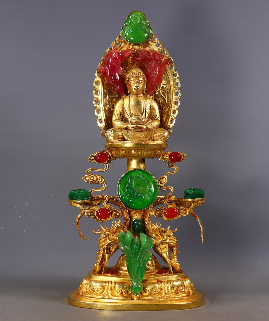 An Exquisite Gilt Bronze Inlaid Jadeite Buddha Statue (1 of 9)