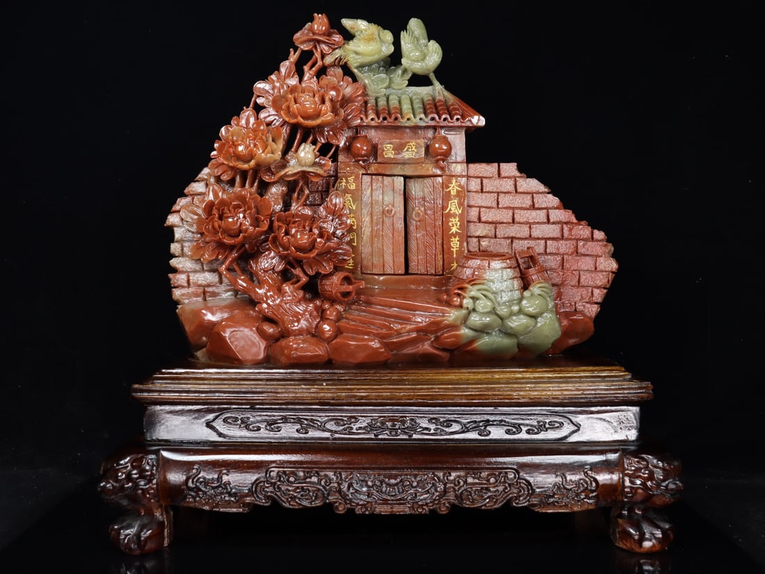 An Exquisite Shoushan Stone Flower and Bird Pattern Ornament: An Exquisite Shoushan Stone Flower and Bird Pattern Ornament Qing Dynasty, China Size:46cmx43cmx20cm Weight:9.33kg (The Dimensions Of All Batches Are Manually Measured.If You Need More Detailed