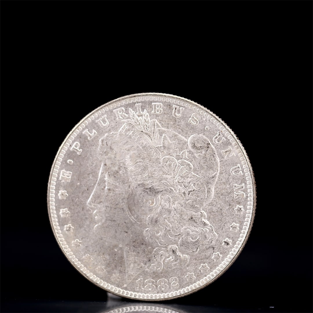 USA Morgan Dollar 1882 Coin: Obv: profile bust with date below and E PLURIBUS UNUM legend and stars around. Rev: eagle with In God we trust above within wreath with UNITED STATES OF AMERICA ONE DOLLAR legend. IN GOD WE TRUST /