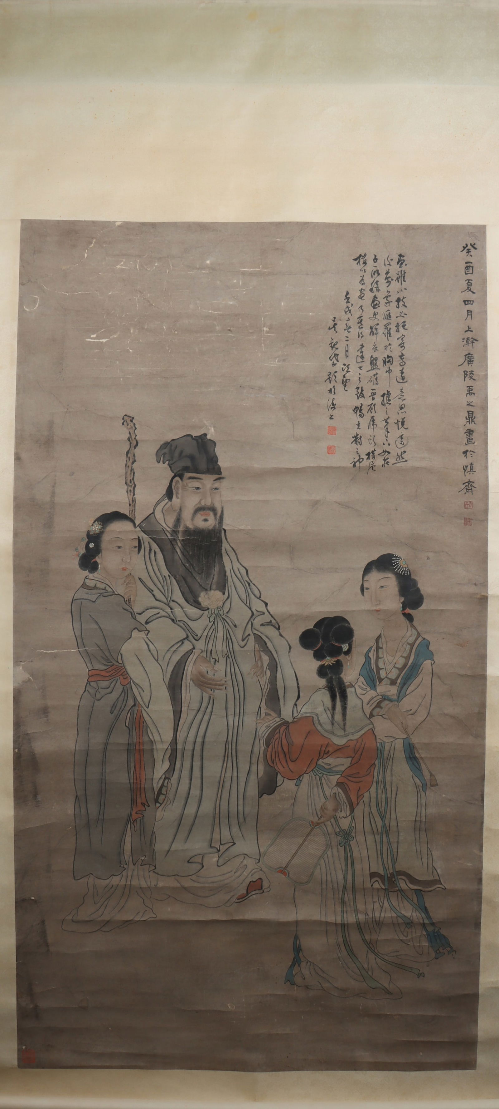 A Chinese Vertical Scroll Ink Painting of Character and Story on Paper: A Chinese Vertical Scroll Ink Painting of Character and Story on Paper Yu zhiding Size:172cmx94cm (The Dimensions Of All Batches Are Manually Measured.If You Need More Detailed Information, Please
