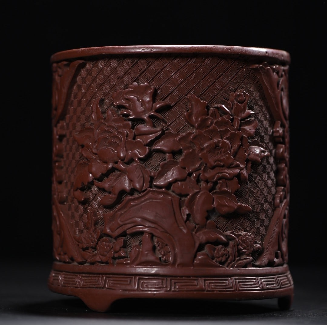 An Exquisite Carved Red Lacquer Flower Pattern Brush Pot (1 of 9)
