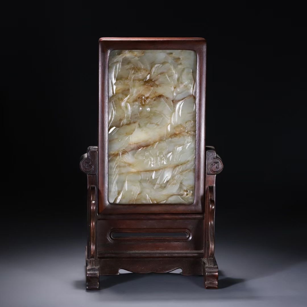 An Exquisite Zitanwood Inlaid White Jade Landscape and Figure Pattern Screen (1 of 9)