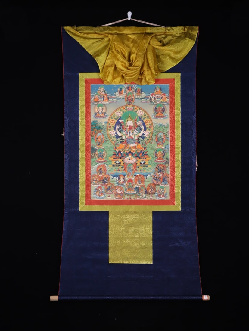 A Qing Dynasty joyful Buddha thangka: Qing Dynasty's Joyful Buddha Thangka Size:120x64.5cmFlowercore52x36cm (The Dimensions Of All Batches Are Manually Measured.If You Need More Detailed Information, Please Contact Our Customer Service Be