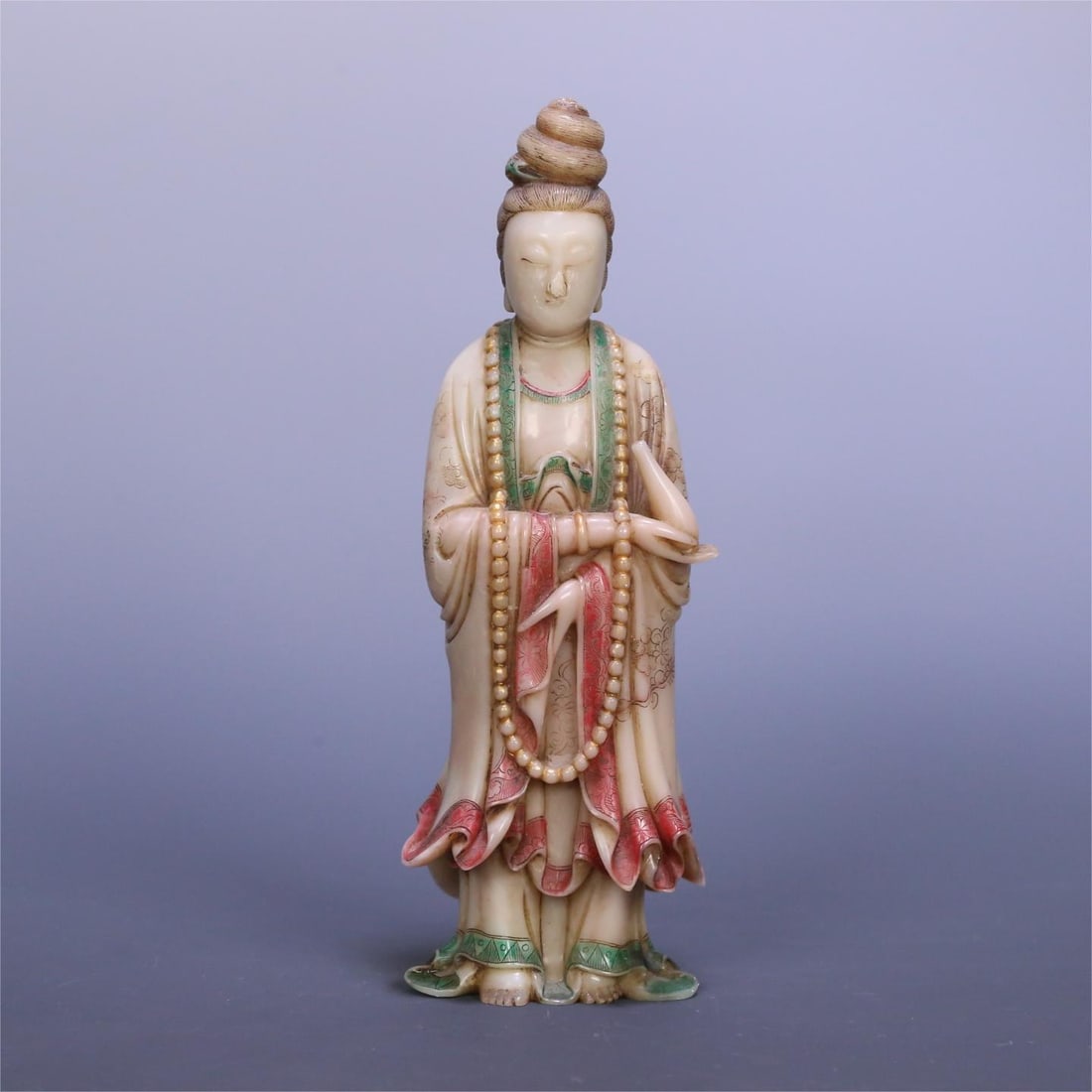 A Qing Dynasty Shoushan stone painted standing Guanyin statue (1 of 9)