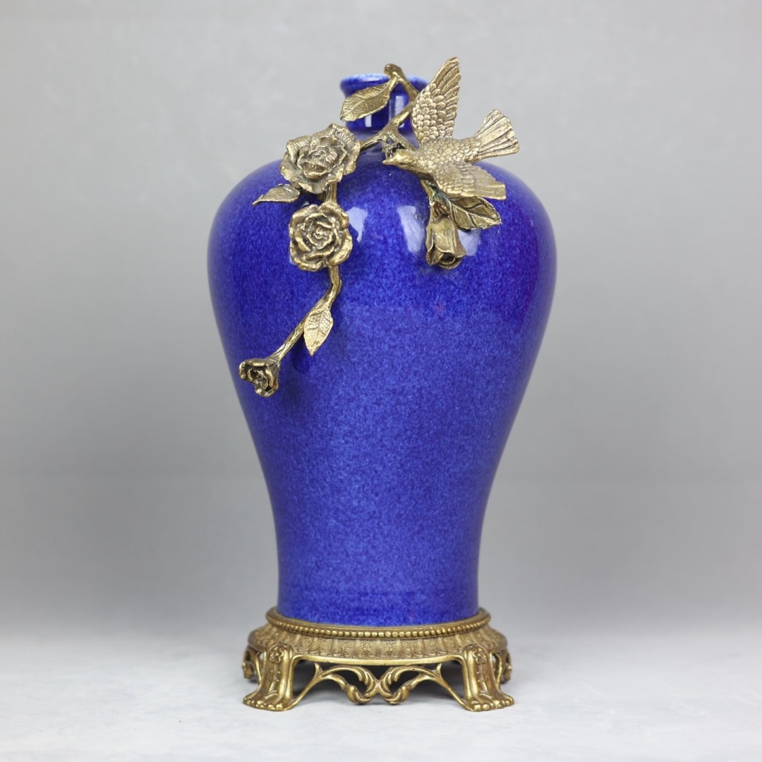 A beautiful copper-inlaid porcelain sprinkled blue glaze flower and bird pattern plum vase (1 of 9)