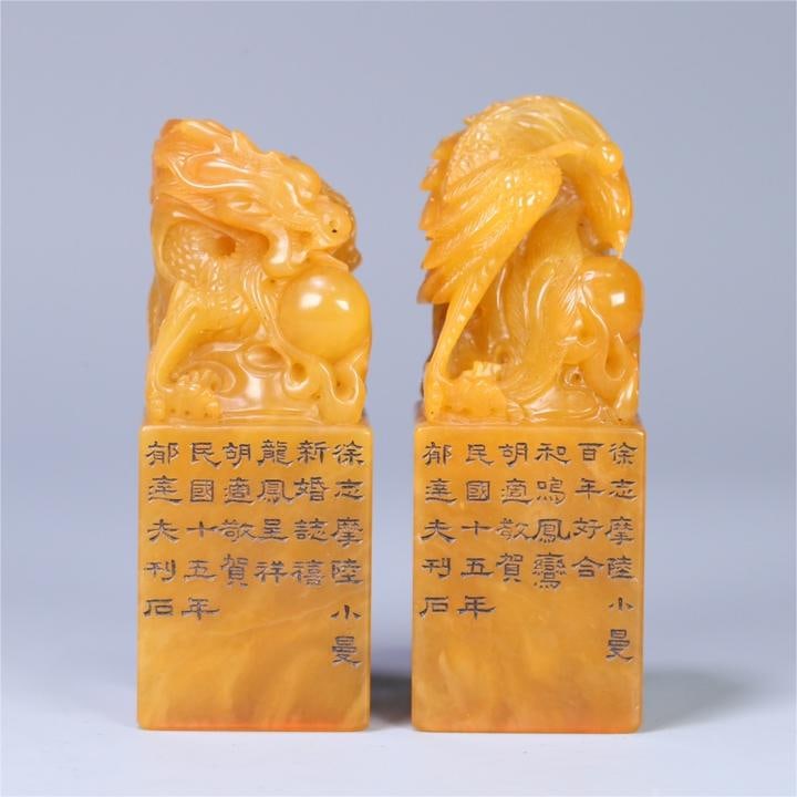 A pair of Xu Zhimo Lu Xiaoman's Shoushan Tian Huanglongfeng seal original pewter mandarin duck seal (1 of 9)