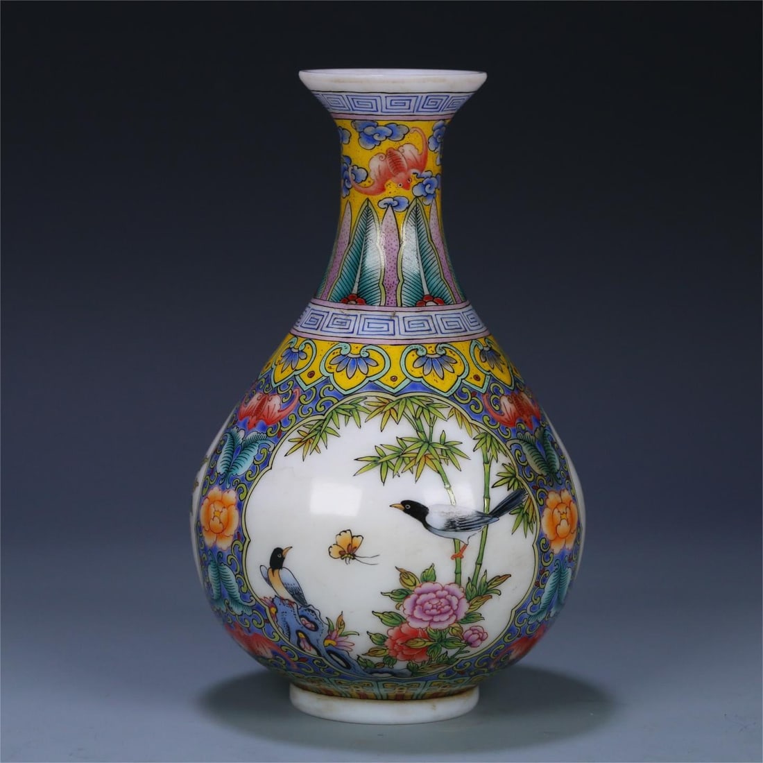A beautiful old material vessel enamel color window flower and bird pattern jade pot spring vase (1 of 9)