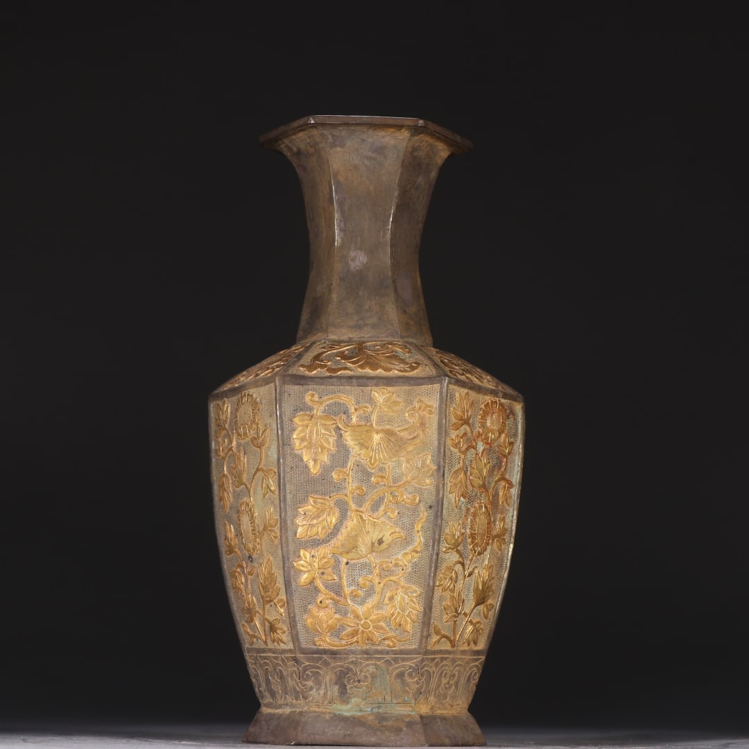 A fine silver-gilt engraved floral hexagonal vase (1 of 9)
