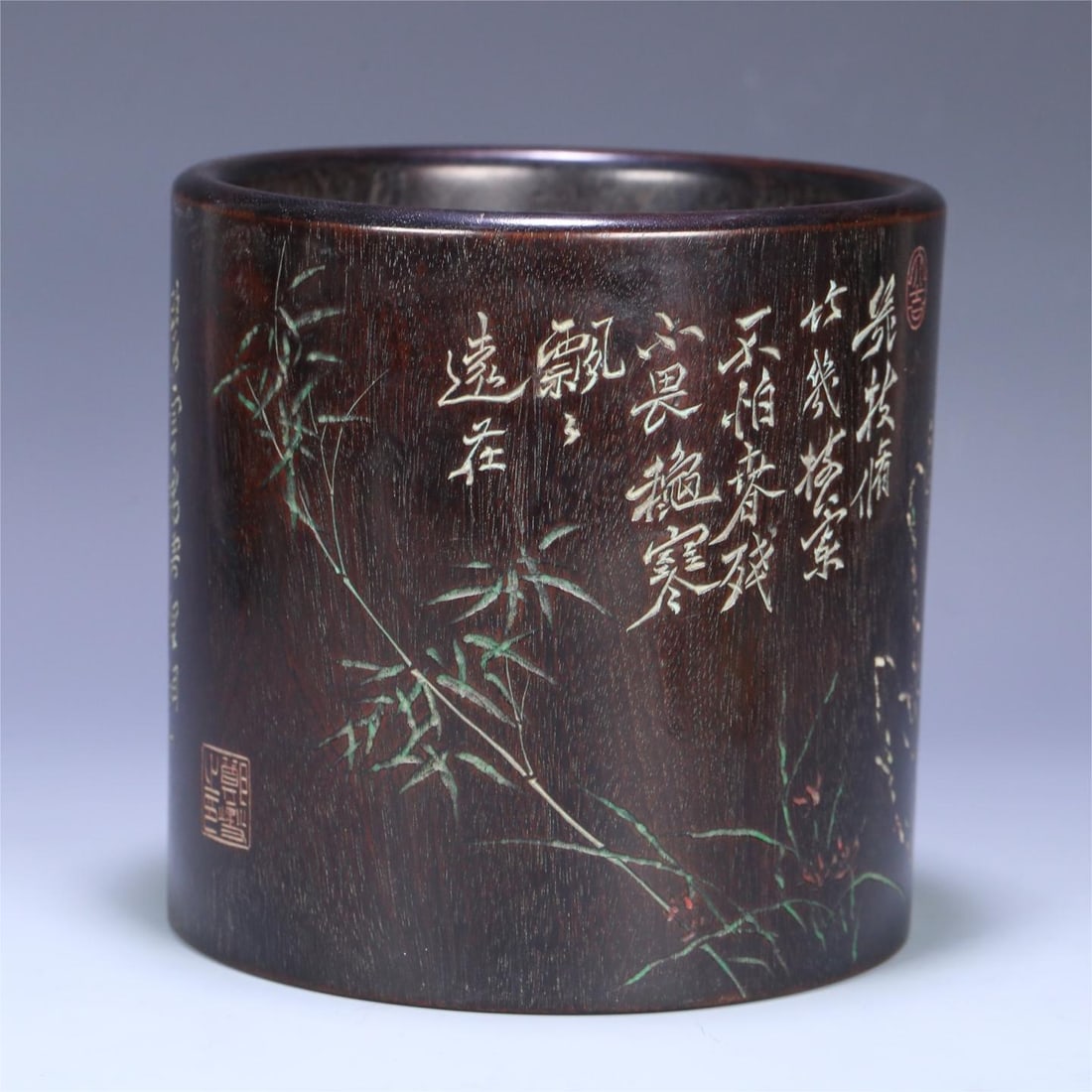 A rosewood orchid bamboo poetry pen holder of Zheng Banqiao in the Qing Dynasty: Qing Dynasty Zheng Banqiao's rosewood orchid bamboo poetry pen holder Size:15.8x16cmW:988.8g (The Dimensions Of All Batches Are Manually Measured.If You Need More Detailed