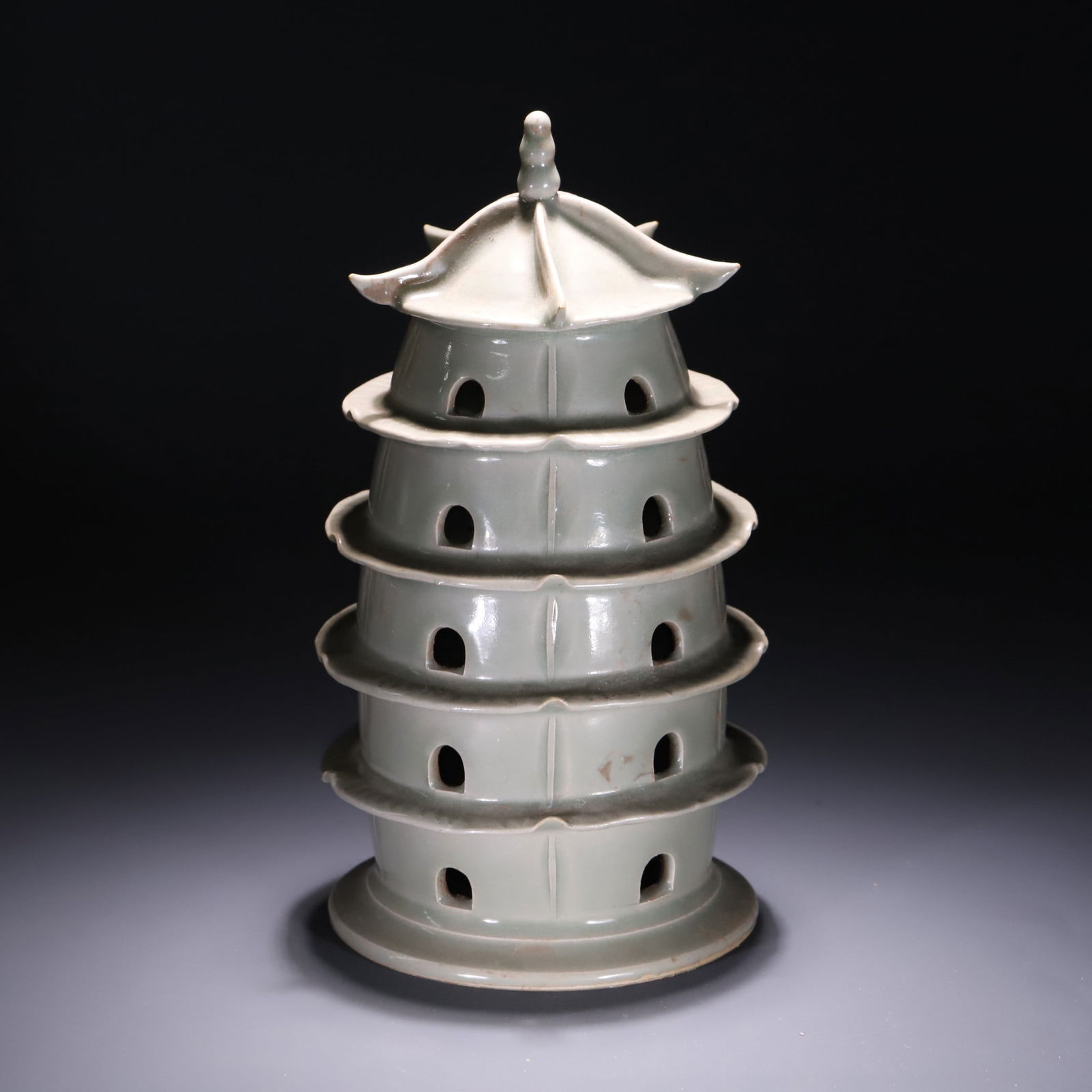 A celadon stupa ornament from the Song Dynasty: Song Dynasty celadon pagoda ornaments Size:H:24.5x13cm (The Dimensions Of All Batches Are Manually Measured.If You Need More Detailed Information, Please Contact Our Customer