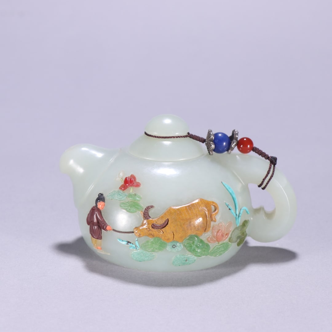 A beautiful Hetian jade inlaid hundred treasures character story teapot (1 of 9)