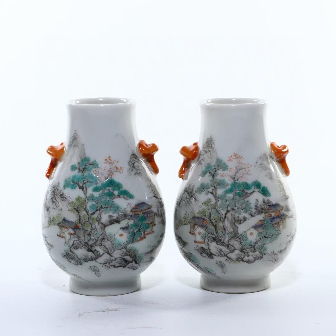 A pair of Qing Dynasty Yongzheng pastel landscape amphora appreciation bottles (1 of 9)