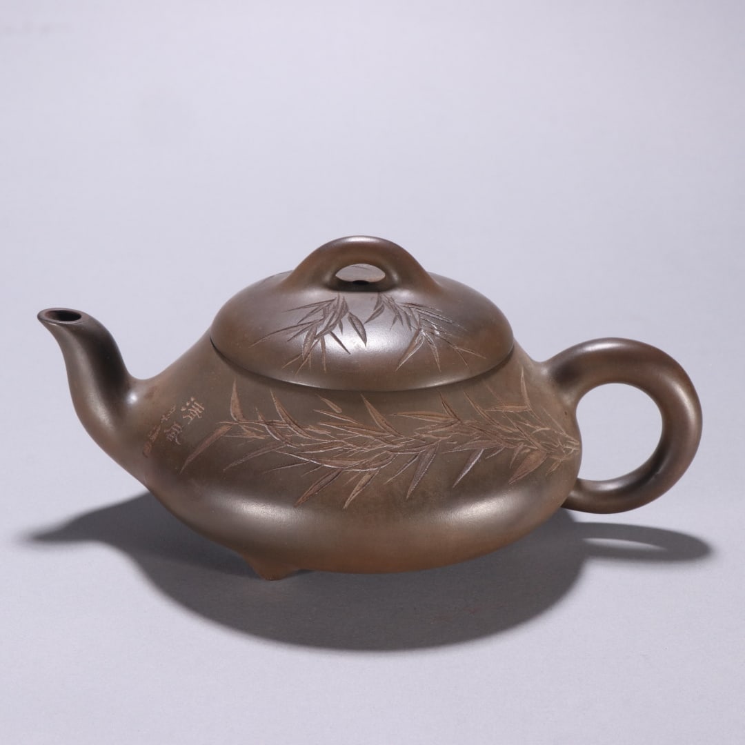A purple sand bamboo pattern teapot by Xu Hantang (1 of 9)