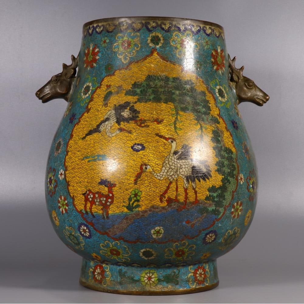 A cloisonné enamel curly grass flower consecrated crane deer and spring deer head made in the (1 of 9)