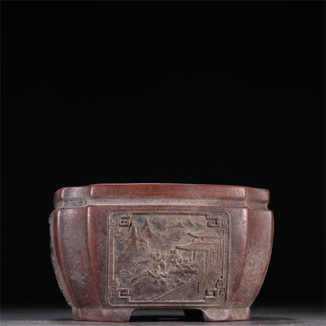 A flower pot made of purple sand windows in the Republic of China period: Iron painting pavilion made of purple sand window in the Republic of China period Character story flower pot Size:H:6.9cmW:12.4cm (The Dimensions Of All Batches Are Manually
