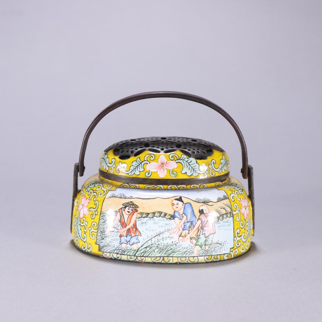 A Qing Dynasty copper tire painting enamel window opening character story hand warmer (1 of 9)
