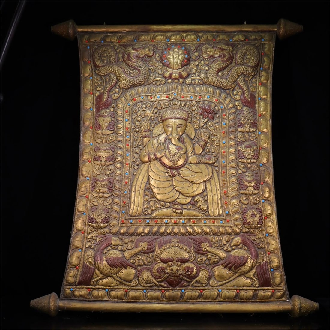 A beautiful old bronze hand-engraved thangka of the elephant trunk God of Wealth (1 of 10)