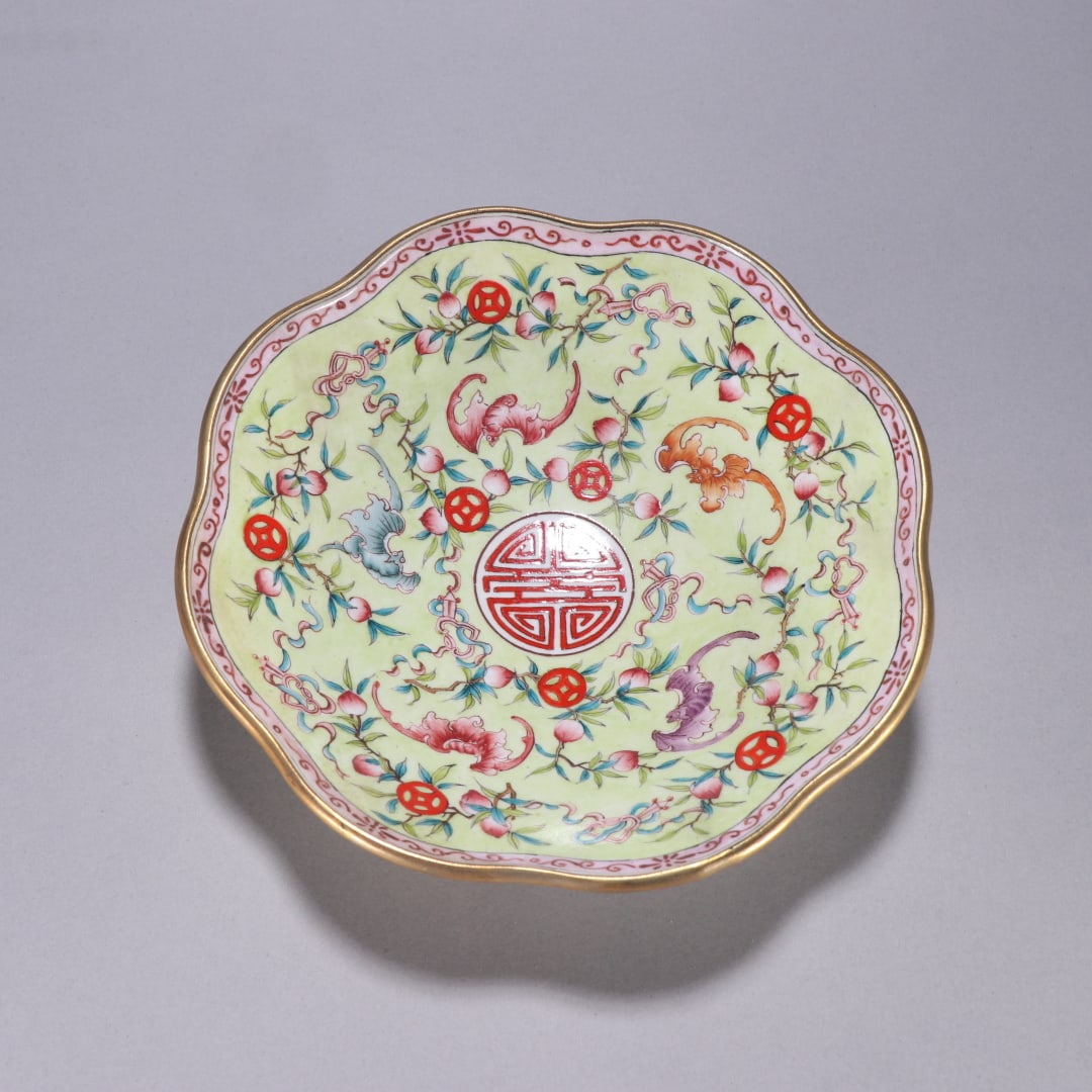 A Qing Dynasty copper tire painting enamel five blessings holding a birthday plate (1 of 9)