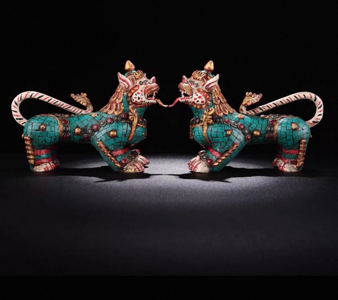 A fine pure copper inlaid gemstone painted Tibetan lion (1 of 10)