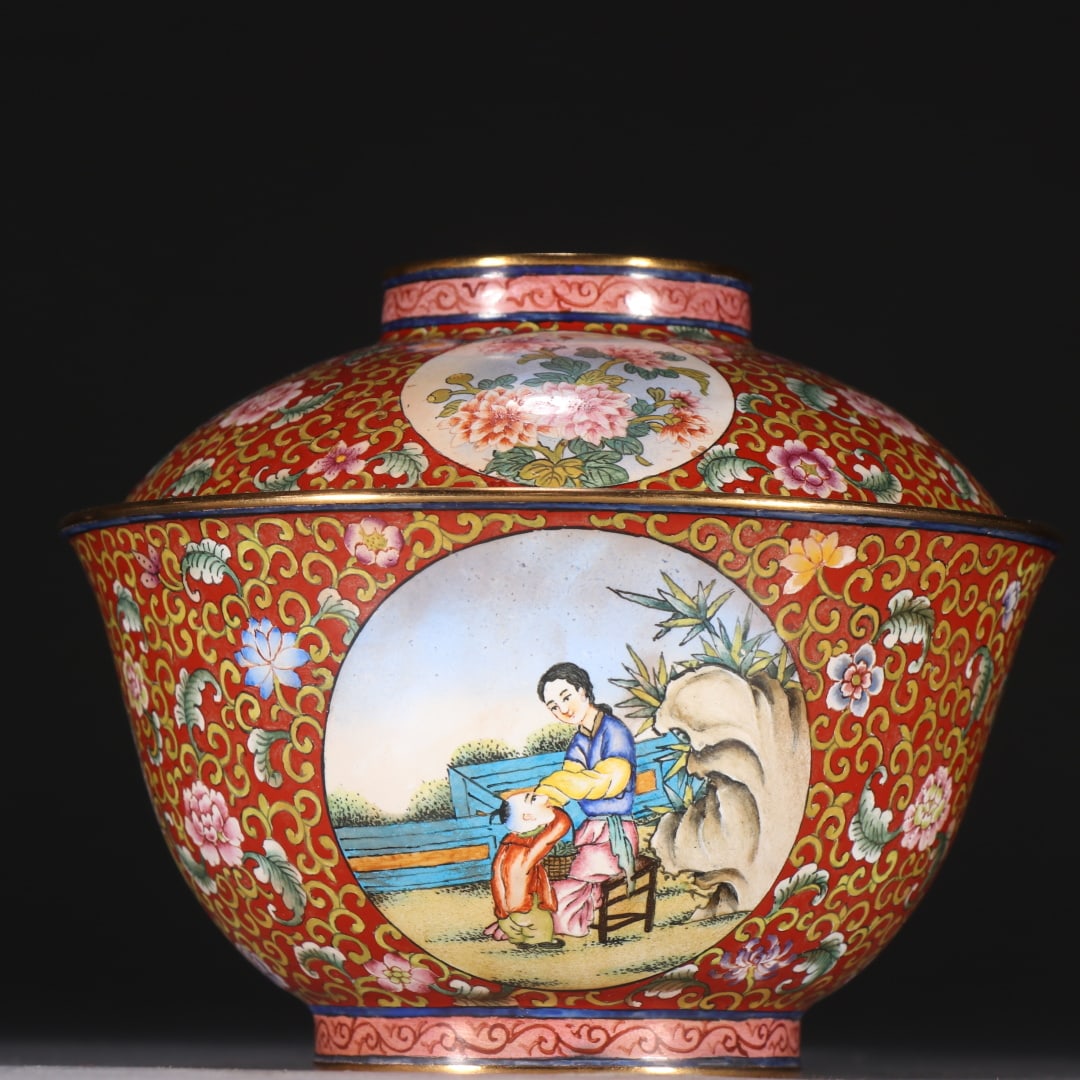 A Qing Dynasty copper tire painting enamel window story tea bowl: Qing Dynasty copper tire painting enamel window story tea bowl Size:H:9cmW:11cmW:330g (The Dimensions Of All Batches Are Manually Measured.If You Need More Detailed Information,