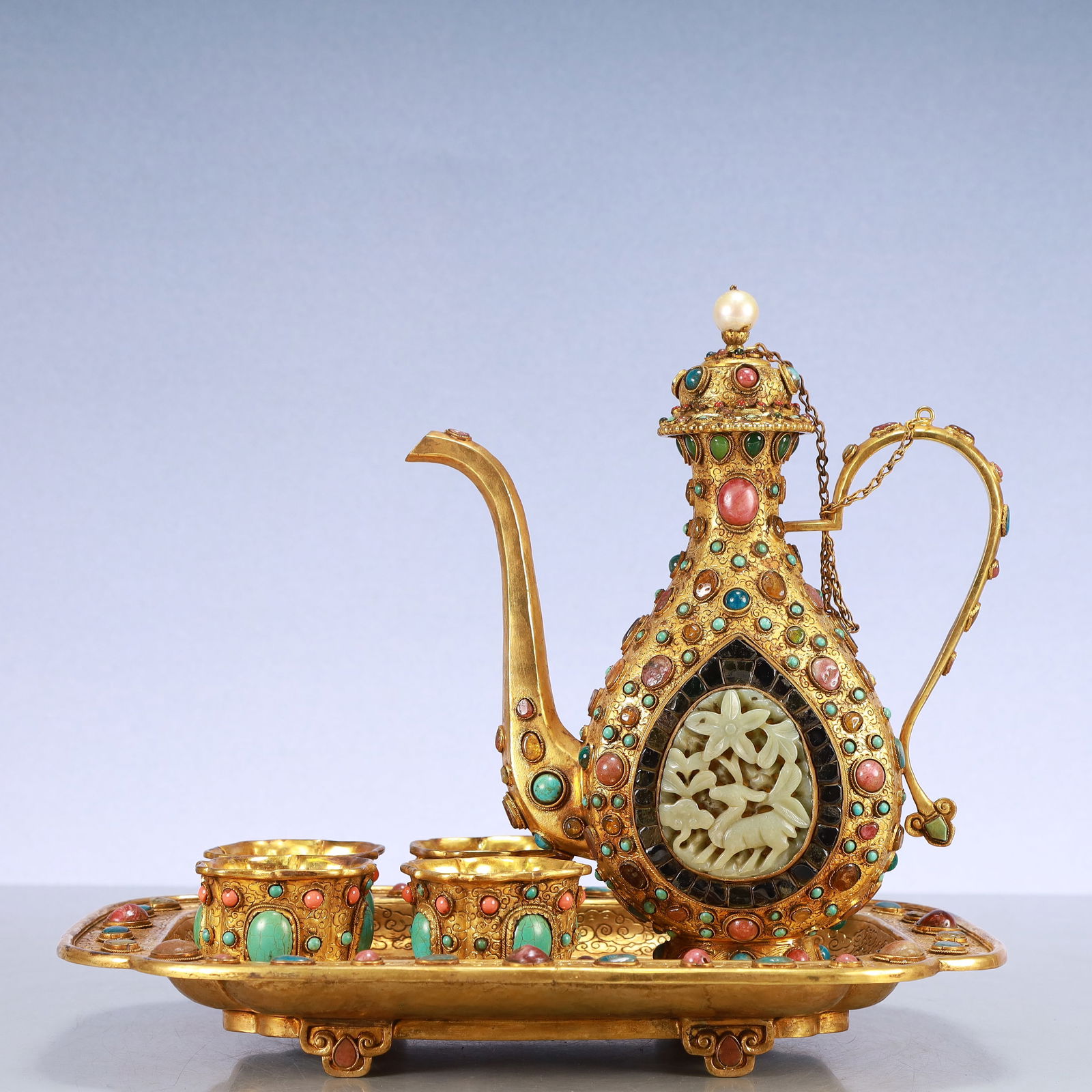 A Exquisite A Set of Gilt Bronze Inlaid Gems Dragon Pattern Teapot Cup (1 of 17)