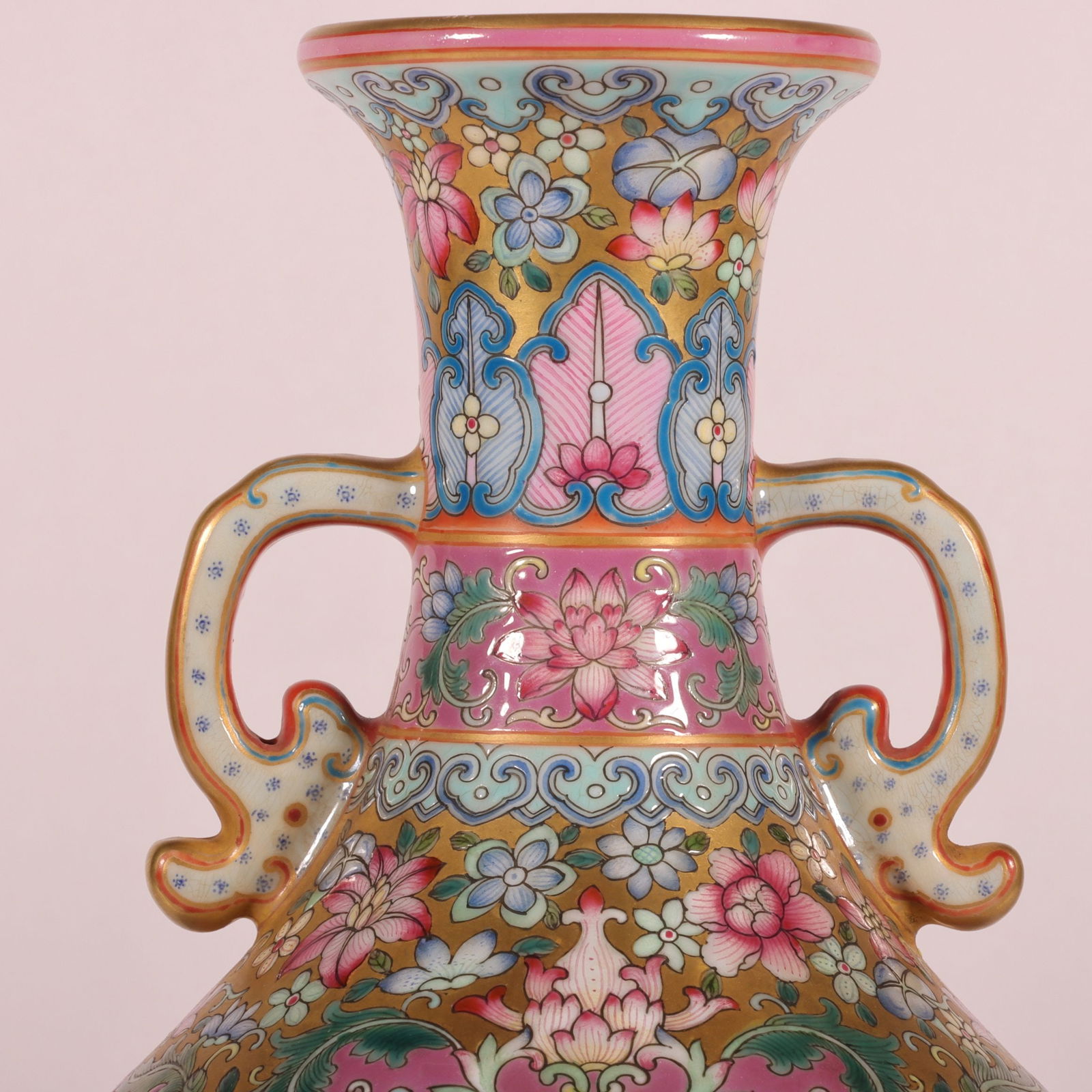 An Exquisite Enamel Ruby Red-Glazed Lotus Pattern Flower and Bird Pattern Double-Ears Vase - 2