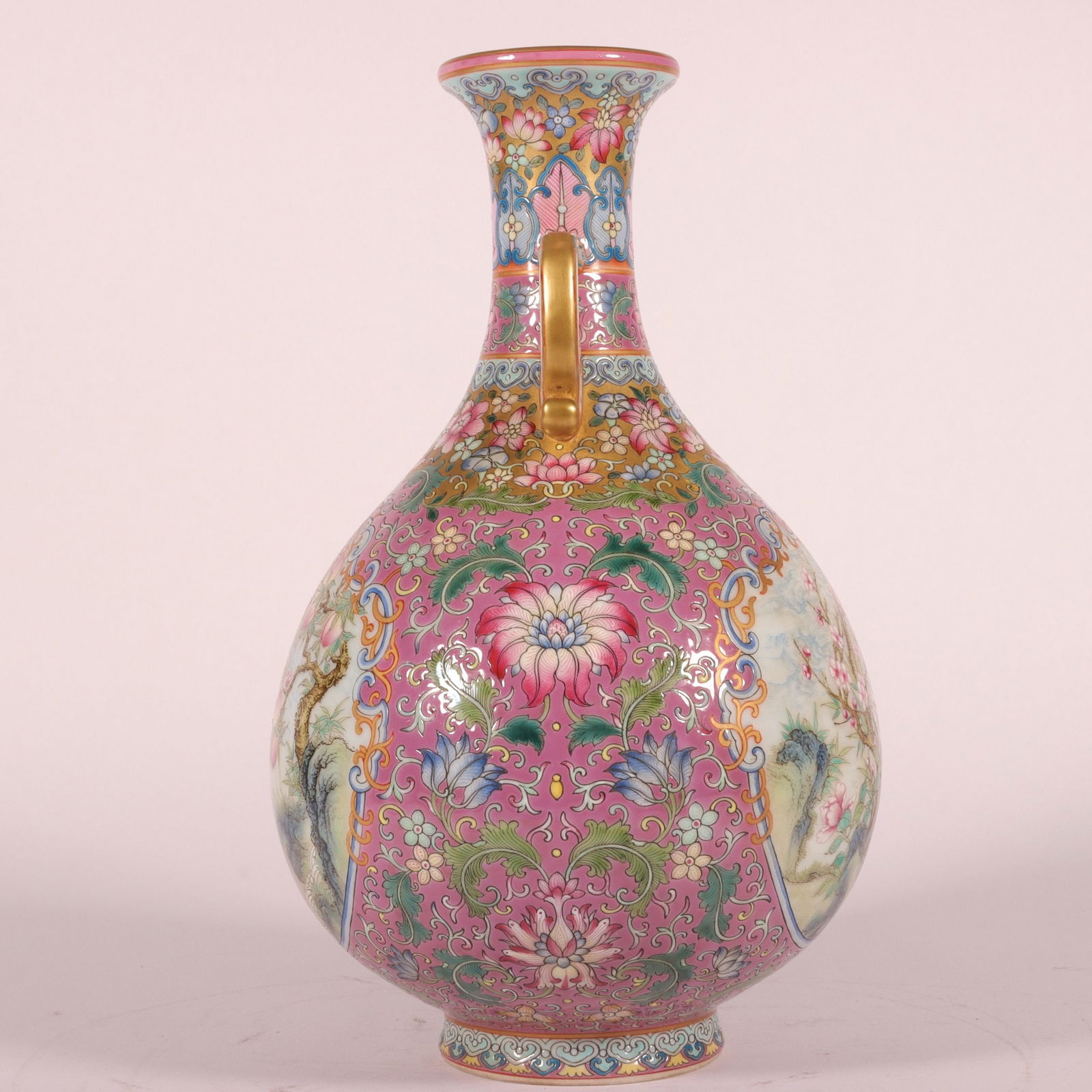 An Exquisite Enamel Ruby Red-Glazed Lotus Pattern Flower and Bird Pattern Double-Ears Vase - 4